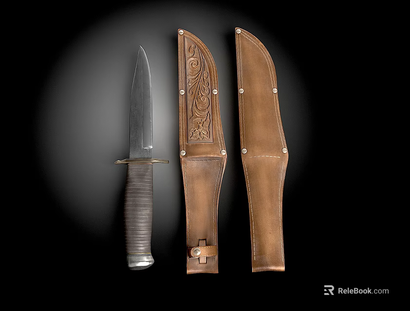 Vintage Handcrafted Knife Weapon With Intricate Carved Leather Sheaths And Metal Accents 3d model 
