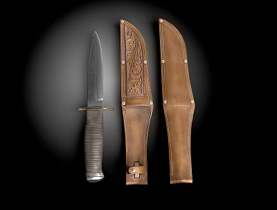 Vintage Handcrafted Knife Weapon With Intricate Carved Leather Sheaths And Metal Accents 3d model