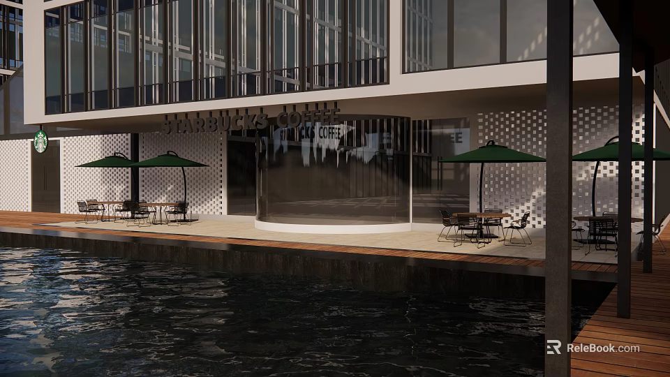 Modern Waterfront Cafe With Glass Facade Outdoor Seating And Green Umbrellas 3d model 