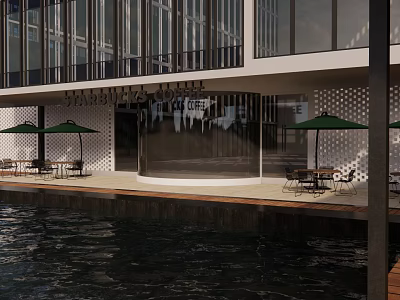 Modern Waterfront Cafe With Glass Facade Outdoor Seating And Green Umbrellas 3d model