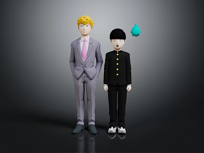 Blonde Hair Character in Gray Suit and Black Uniform Boy Standing with Blue Small Creature 3d model