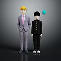 Blonde Hair Character in Gray Suit and Black Uniform Boy Standing with Blue Small Creature