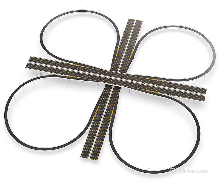 Modern Road Interchange with Circular Ramps and Multi Lane Traffic Infrastructure 3d model 