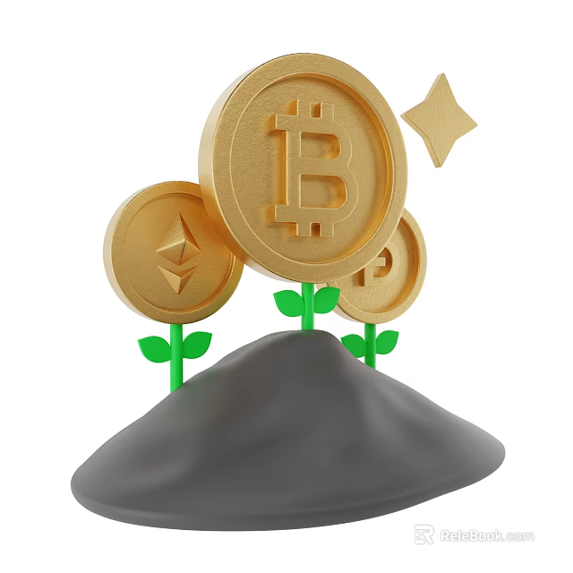 Gold Bitcoin Ethereum Coins Decorative Ornament Set With Growing Plant Stems Leaves And Star 3d model 