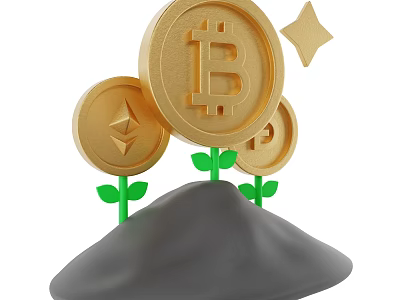 Gold Bitcoin Ethereum Coins Decorative Ornament Set With Growing Plant Stems Leaves And Star 3d model
