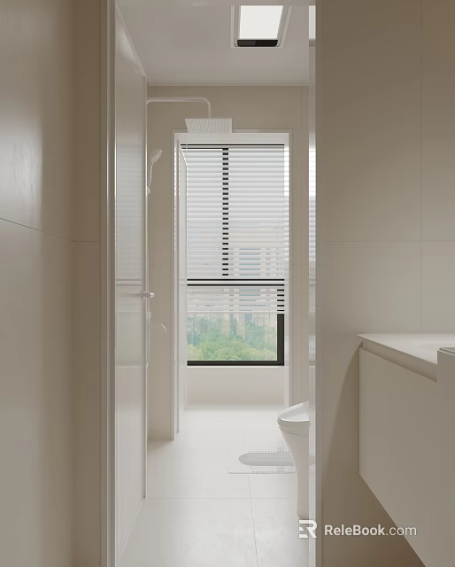 Modern Bathroom Interior Design With White Tiles Window Blinds Toilet And Vanity Area 3d model 