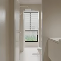 Modern Bathroom Interior Design With White Tiles Window Blinds Toilet And Vanity Area
