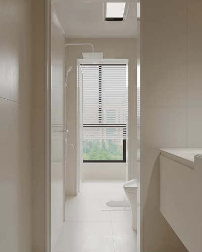 Modern Bathroom Interior Design With White Tiles Window Blinds Toilet And Vanity Area 3d model