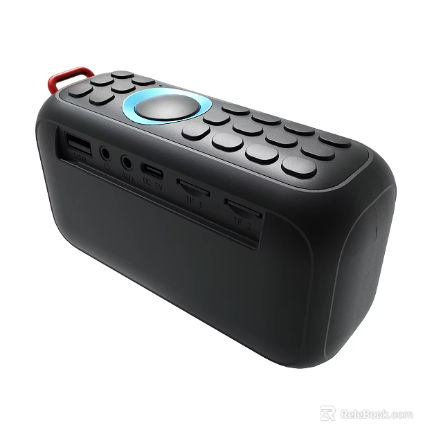 Black Portable Bluetooth Speaker With Blue Circular Button Red Handle And Multiple Ports 3d model