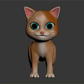 Orange Striped Kitten Toy With Big Green Eyes Standing On Dark Background With Reflection