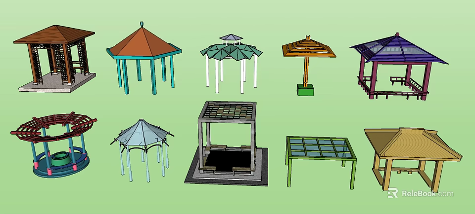 Various Outdoor Gazebo Designs With Different Roof Shapes And Pillar Styles 3d model 