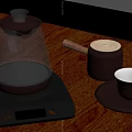 Electric Glass Kettle On Wooden Tabletop With Wooden Handle Container And Small Cup On Tray