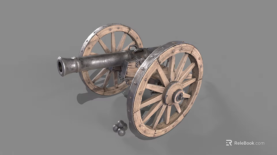 Antique Cannon Weapon With Wooden Wheels Metal Barrel And Cannonballs 3d model 