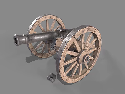 Antique Cannon Weapon With Wooden Wheels Metal Barrel And Cannonballs 3d model