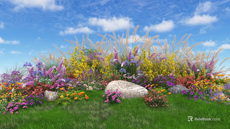 Vibrant Floral Installation With Multicolored Flowers Green Grass Stones Tall Grasses Under Blue Sky 3d model 