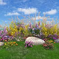 Vibrant Floral Installation With Multicolored Flowers Green Grass Stones Tall Grasses Under Blue Sky