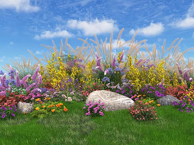 Vibrant Floral Installation With Multicolored Flowers Green Grass Stones Tall Grasses Under Blue Sky 3d model