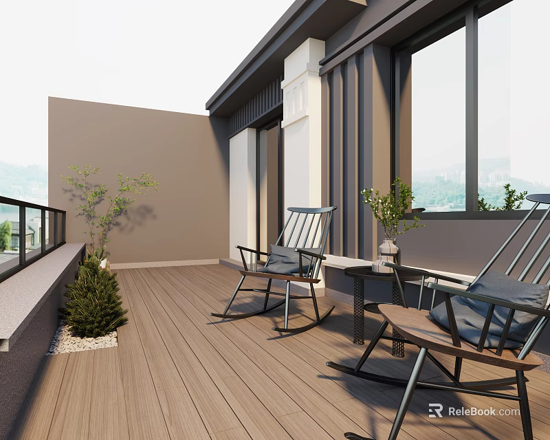 Modern Home Balcony With Wooden Deck Rocking Chairs Small Table And Green Plants 3d model 