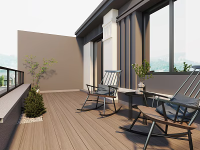 Modern Home Balcony With Wooden Deck Rocking Chairs Small Table And Green Plants 3d model