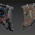 Worn Metal Shields As Medieval Defensive Weapon With Red Black Text Metal Buckle Wooden Texture