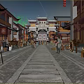 Ancient Architecture Historic Street Scene With Stone Pavement Archway Pedestrians And Horse-Drawn Carts