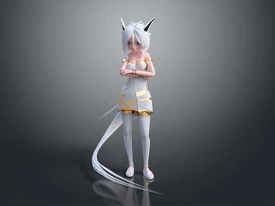 Female Character With White Cat Ears And Long Tail In White Gold Outfit Standing Pose 3d model
