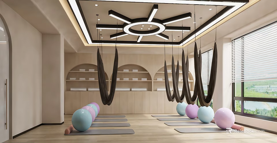 Aerial Yoga Studio Interior With Hammocks Yoga Mats And Exercise Balls 3d model 