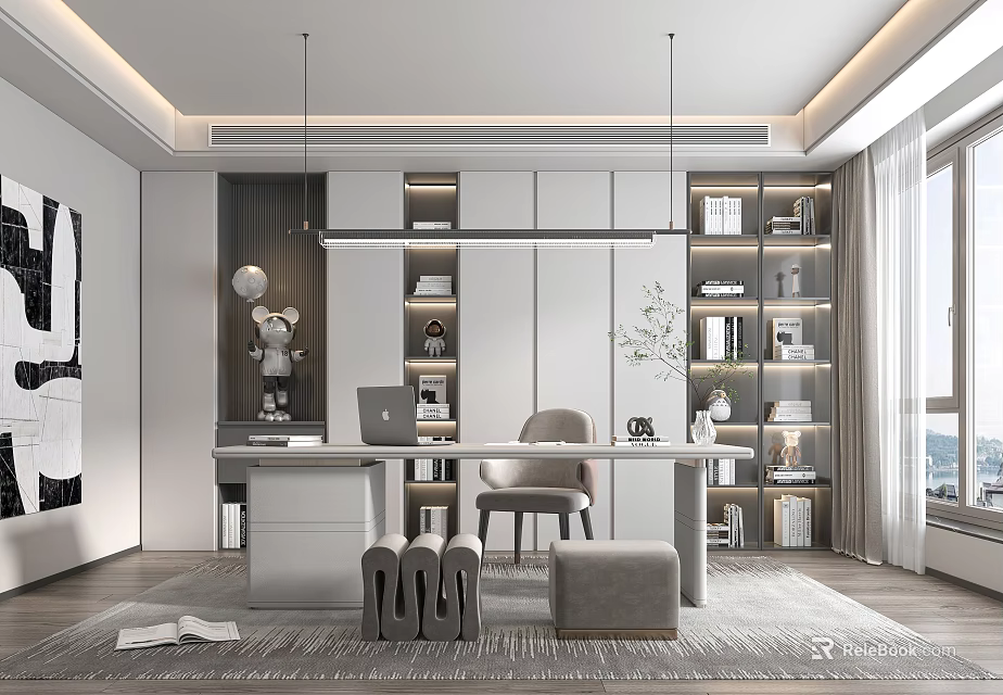 Modern Minimalist Home Office Interior Design With Wooden Desk Comfortable Chair And Built in Bookshelves 3d model 