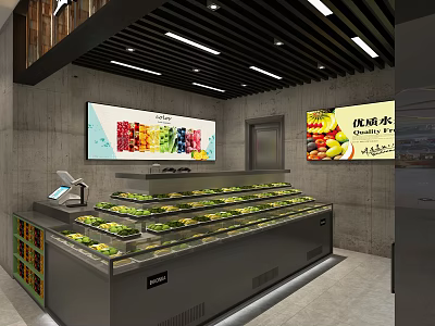 Modern Fruit Store Interior With Fresh Fruits Display Shelves And Colorful Fruit Posters 3d model