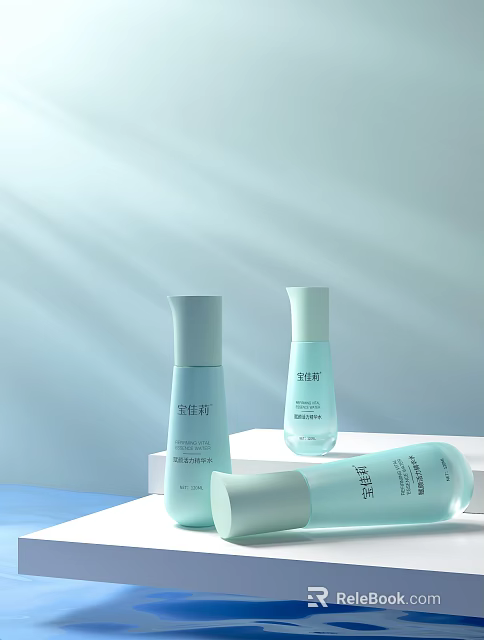 Light Blue Skincare Cosmetics With Minimalist Bottles And Soft Light Background 3d model 