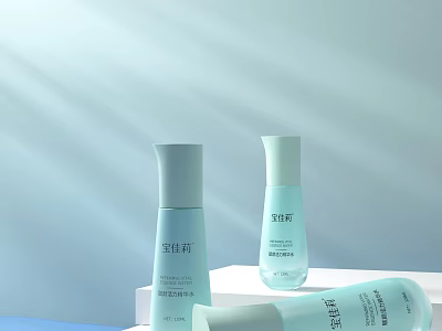 Light Blue Skincare Cosmetics With Minimalist Bottles And Soft Light Background 3d model