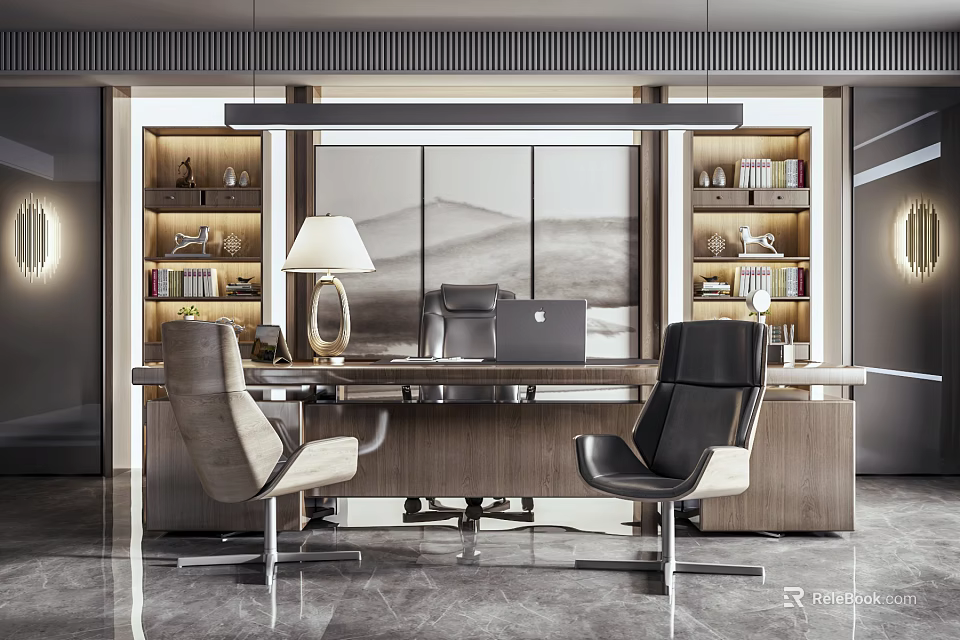 Modern Office Desk With Two Chairs Bookshelves Table Lamp And Background Painting 3d model 