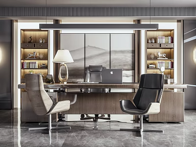 Modern Office Desk With Two Chairs Bookshelves Table Lamp And Background Painting 3d model