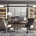 Modern Office Desk With Two Chairs Bookshelves Table Lamp And Background Painting