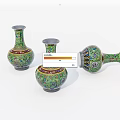 Three Green Ceramic Vases With Colorful Intricate Patterns On White Background 3d model