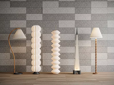 Floor Lamps With Various Designs Against Gray Block Wall And Wooden Floor 3d model