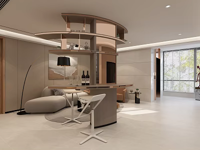 Modern Lounge Interior Design With Comfortable Sofa Bar Counter Shelves And Large Windows 3d model
