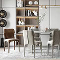 Modern Dining Table Set with Chairs Wall Mounted Shelves Decorative Figurines Pendant Lights Area Rug