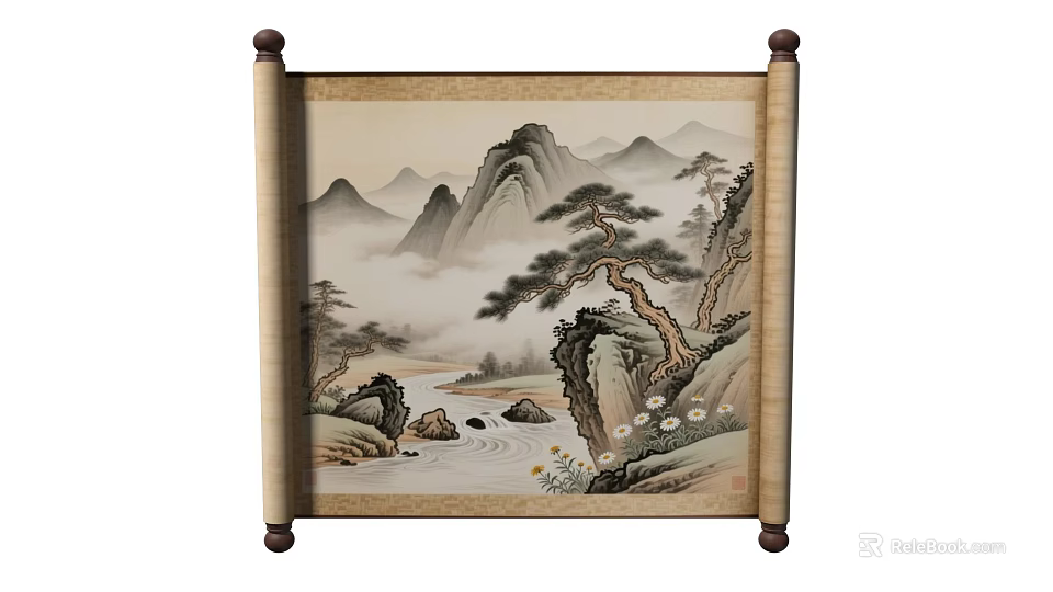 Traditional Chinese Landscape Painting on Scroll with Misty Mountains Pine Tree and River Rocks 3d model 