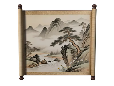 Traditional Chinese Landscape Painting on Scroll with Misty Mountains Pine Tree and River Rocks 3d model