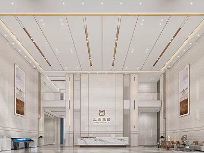 Elegant Modern Lobby Reception Desk Interior With Marble Countertop Feature Wall Paintings And Sofa Area 3d model