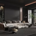 Modern Living Room Interior With Black Walls Light Sofa Marble Coffee Table And Pendant Lights