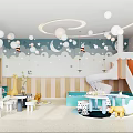 Colorful Kindergarten Interior With Cartoon Wall Slide Small Tables Chairs Balloons And Toys