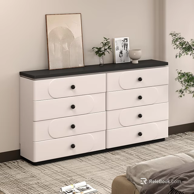 Modern White Chest of Drawers with Black Top Knobs and Decorative Items on Top 3d model 