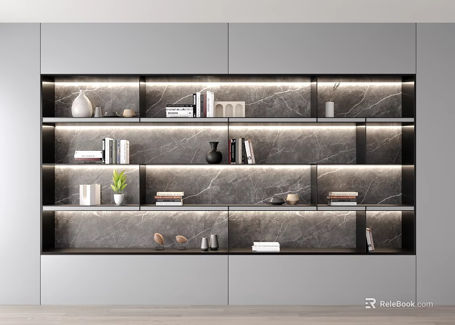 Modern Luxury Bookcase With Marble Backdrop Layered Shelves Books And Decorative Items 3d model 