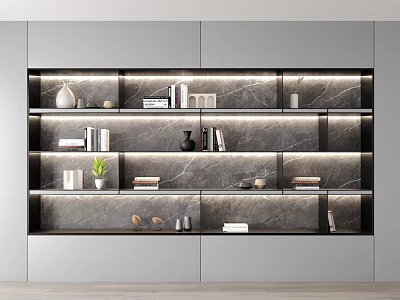 Modern Luxury Bookcase With Marble Backdrop Layered Shelves Books And Decorative Items 3d model