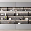 Modern Luxury Bookcase With Marble Backdrop Layered Shelves Books And Decorative Items