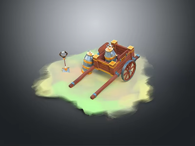 Ancient Wooden Carriage With Spoked Wheels Seated Figure And Grassy Base Decorative Frame 3d model