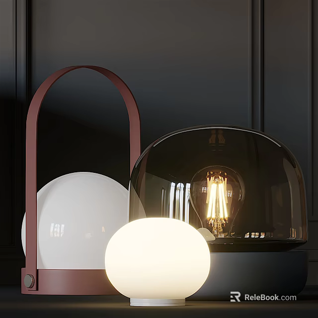 Modern Table Lamp With Black Glass Dome White Sphere And Glowing Visible Bulb 3d model 