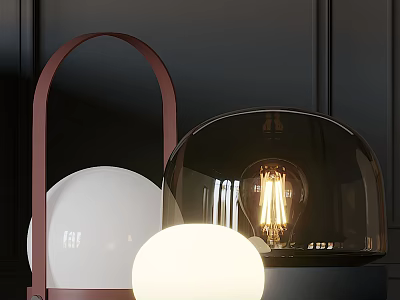 Modern Table Lamp With Black Glass Dome White Sphere And Glowing Visible Bulb 3d model